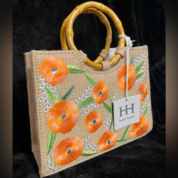 💐Haute Hippie Orange Floral Rhinestone accent Tote with Bamboo Handles-💐NWT - Picture 4 of 13